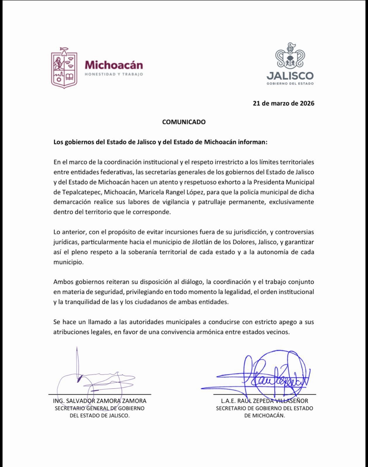 Gobiernos de Michoacán y Jalisco piden a alcaldesa de Tepalcatepec acatar disposiciones en materia de seguridad