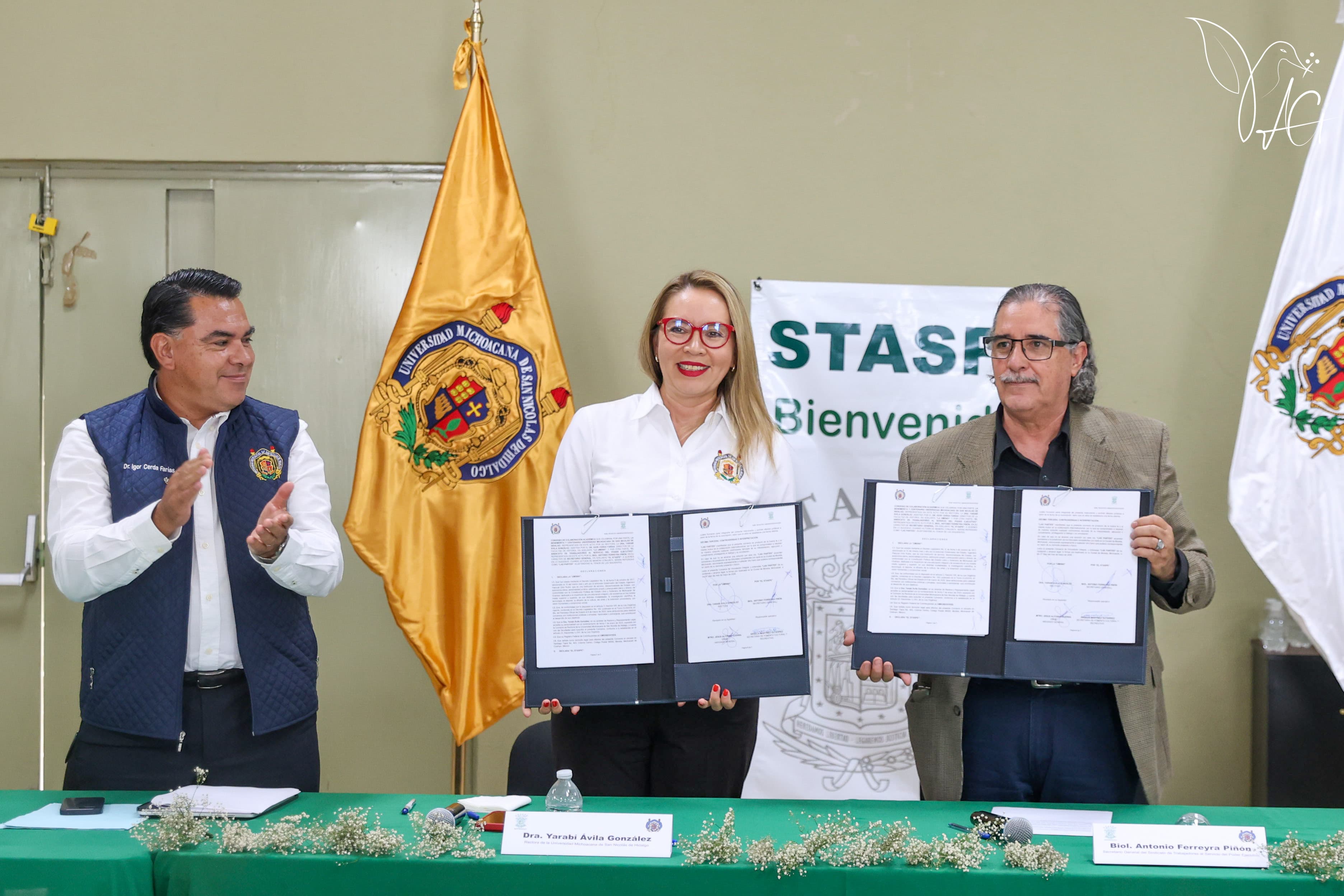 HISTÓRICA ALIANZA ENTRE UMSNH Y STASPE; YARABÍ ÁVILA Y ANTONIO FERREYRA SIGNAN CONVENIO DE COLABORACIÓN