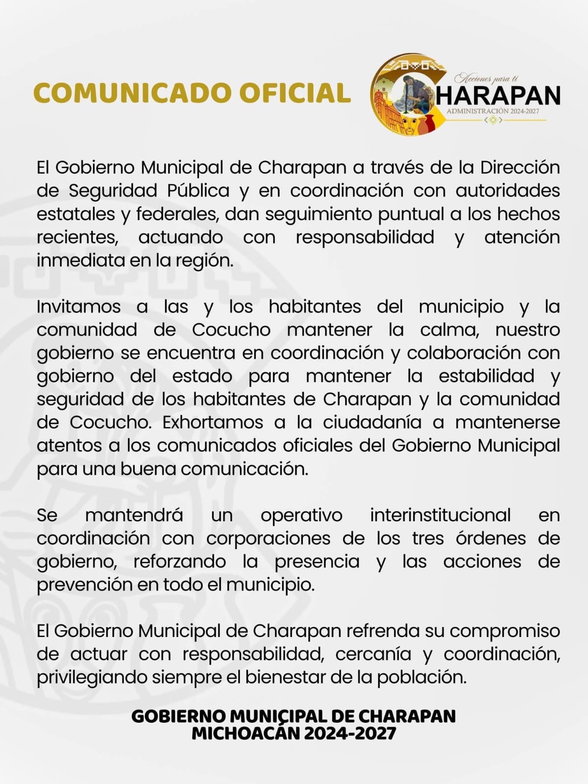 Refuerzan seguridad en Charapan tras reporte de enfrentamiento armado