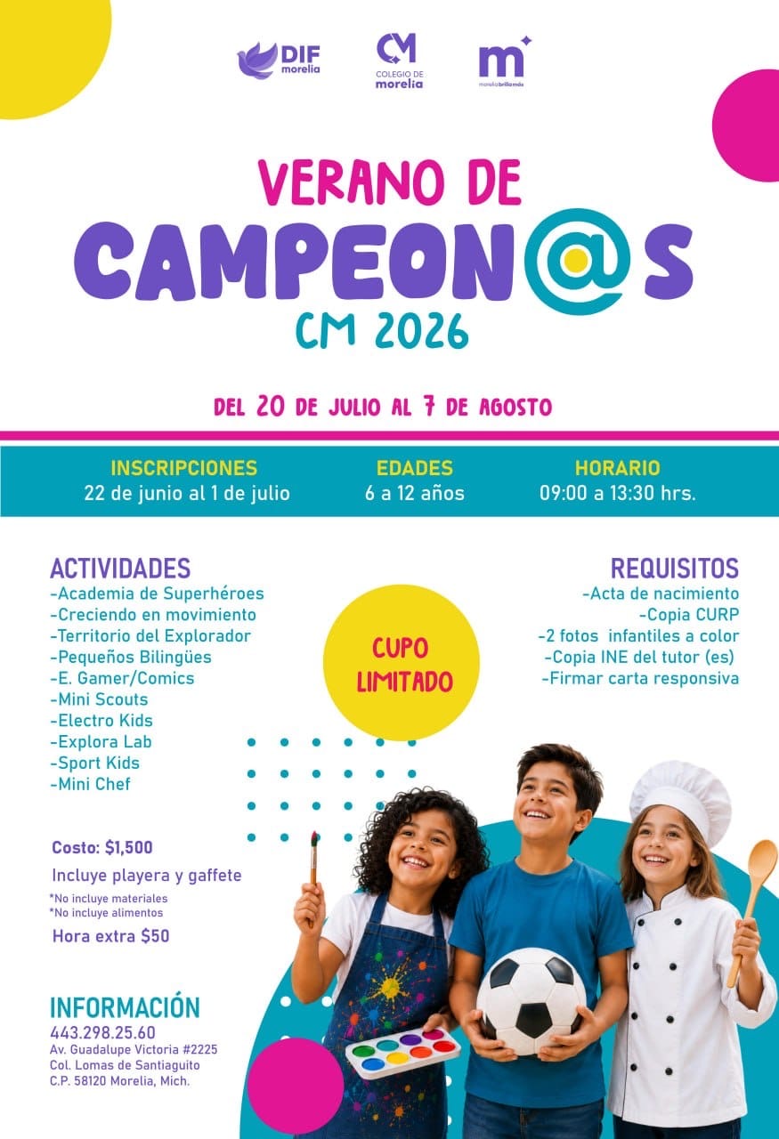 Colegio de Morelia abre inscripciones para "Verano de Campeon@s CM 2026"