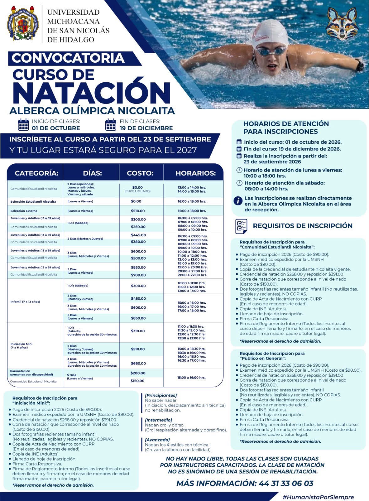 ¡Mañana inician las inscripciones a los cursos de natación en la Alberca Olímpica Nicolaita!